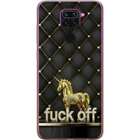 Kompatibelt Mobildeksel til Xiaomi Redmi Note 9 Gylden enhjørning med teksten fuck off på kvisset bakgrunn