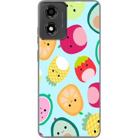 Kompatibelt Mobildeksel til Motorola Moto E14 Mønster av kawaii-frukter som jordbær sitron ananas og avocado på lyseblå bakgrunn