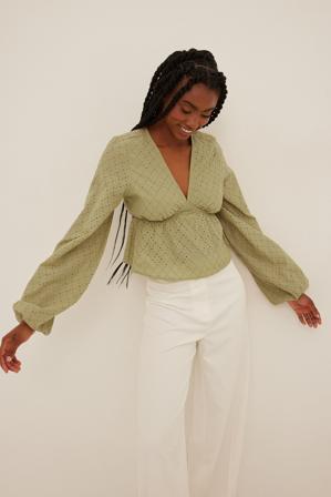 NA-KD Boho Long Sleeve Anglaise Blouse - Blouses - Vert - EU 40