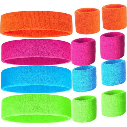 80'er Svedbånd, Sports Pandebånd og Armbånd, Svedbånd 80'er Neon Farver, 80'er Fest, Svedbånd til Kvinder, Farverigt Svedbåndsæt
