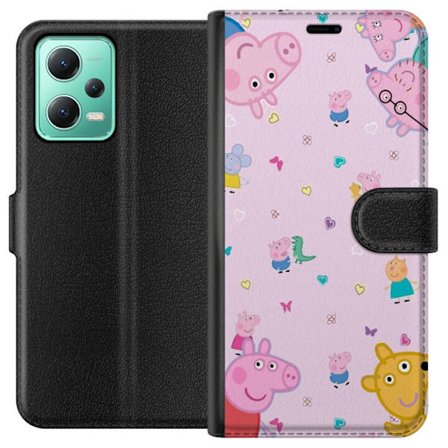 Kompatibelt Lommeboketui til Xiaomi Redmi Note 12 Peppa Gris med en baby i armene, mamma gris motiv i fargerik og myk barneillustrasjon med hjerter