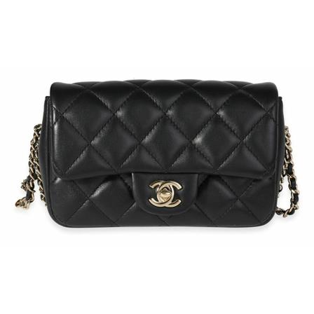 Chanel Vintage, Quilted Lambskin Pearl Logo Strap Small Flap Bag Zwart, Dames, Maat:ONE Size