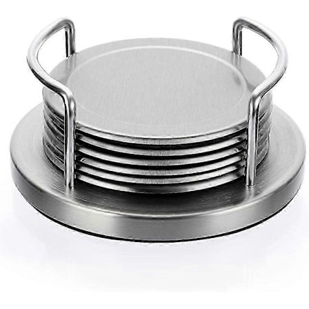 Set med 6 Runda Rostfria Underlägg med Hållare & Svampbotten, Silver Metall Koppar Underlägg Set Fantastiskt Svalt Underlägg Koppar