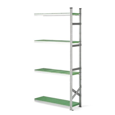 Reol påbyggseksjon med grønne plasthyller, 2500x1200x400