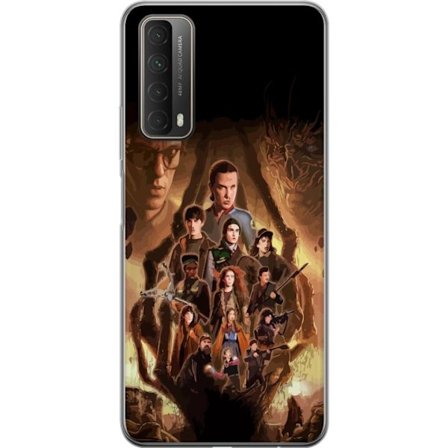 Kompatibelt Mobildeksel til Huawei P smart 2021 Gruppportrett av heltene i Stranger Things med et mørkt fantasy-miljø og en truende skapning i bakgr