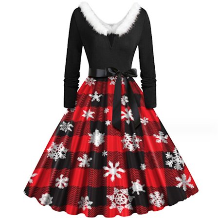 Julekjole til kvinder med V-udskæring Vintage Print Lang Style2