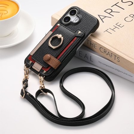 Etui til iPhone 6 Plus / 7 / 8 svart crossbody lang snor kortoppbevaring lær anti-fall