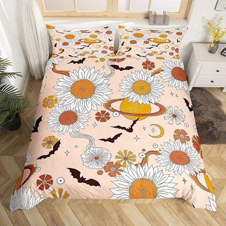 Groovy Daisy -vuodevaatesetti, king- ja queen-koot, retrokukkainen pussilakanasetti, psykedeelinen kukkakuvioinen peittopäällinen, mikrokuidusta 