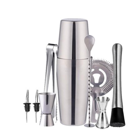 Cocktailset, dubbel shaker, 750 ml, rostfritt stål silver, 10-delars set