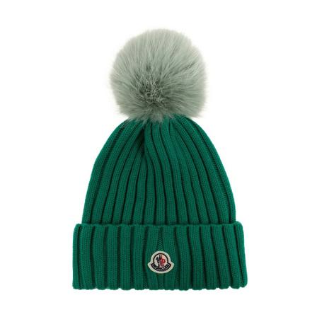Moncler, Beanie With Fur Pompom Groen, Dames, Maat:ONE Size