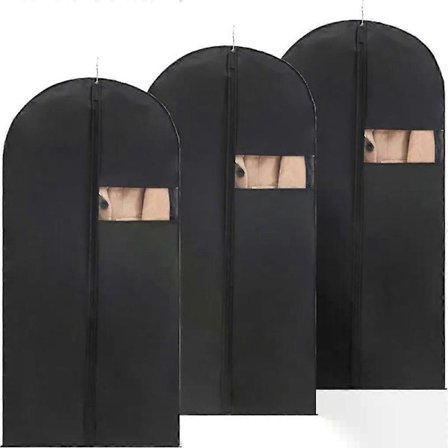 Pakke med 3 tøjposer til opbevaring med lynlås til jakker, frakker, aftenkjoler, jakkesæt, farve: sort, størrelse: 60*120 cm