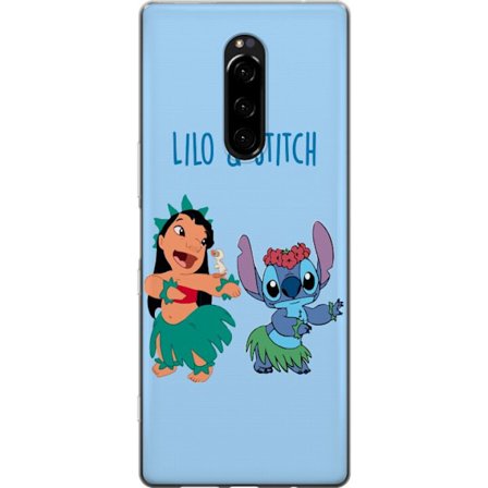 Kompatibel Mobilcover til Sony Xperia 1 Farverig illustration af Lilo og Stitch, der danser hula i græsskjorter
