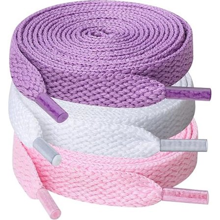 3 par hvide/pink/lilla snørebånd, 8 mm brede flade snørebånd til