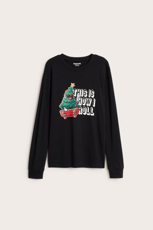 Kappahl | T-shirt z długimi rękawami, z bożonarodzeniowym nadrukiem | Czarne