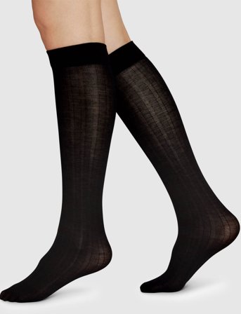 Swedish Stockings Freja Ribbed Wool Knee-Highs - Black - ONE SIZE