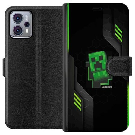 Yhteensopiva Lompakkokotelo Motorola Motorola Moto G23 Vihreä pikselipohjainen peli-esitys, jossa on futuristisia neon-elementtejä ja tumma tech-tau