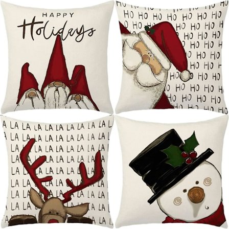 Julepuderbetræk 45 x 45 cm, Sæt med 4 Puderbetræk, Fint Linned Puderbetræk, Jul, Julepynt til Stue, Soveværelse