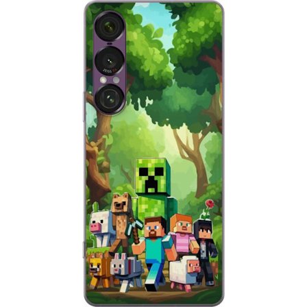 Yhteensopiva Puhelinkuori Sony Xperia 1 VII Jämäkkä pikselöity pelimaailma, jossa vihreät hahmot ja eläimet rehevässä metsäympäristössä