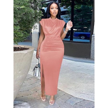 Naisten mekko laskostettu pitkä viininpunainen elegantti halkio korkea kaulus slim fit hihaton maxi asut plus-koko iltajuhlat kiiltävät iltapuvut