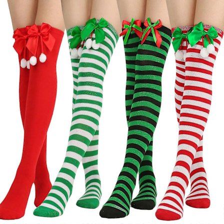 Julestrømper / Festlige stripete strømper, knestrømper, overkneestrømper, lange stripete sokker, benvarmere, 4 par lårhøye sokker for kvinner og
