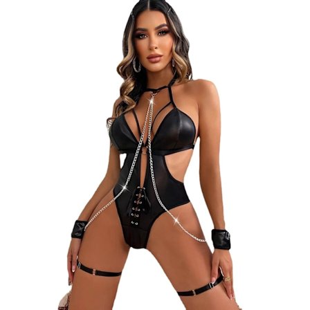 Sexig läder trepunkts one piece sexig underkläder sexig one-pi
