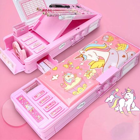 Sammenleggbar dobbeltsidig pennal med 6-hulls utskyvbar pennholder for tenåringsstudenter, jenter, barn, overraskelsesgave Password-YTF9920 Unicorn