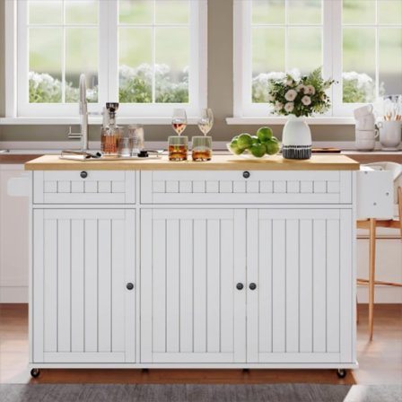 Køkkenø med glasplade og 6 hjul, 137x89,5 cm, med 2 skuffer & skab, fleksibel bordplade, hvid