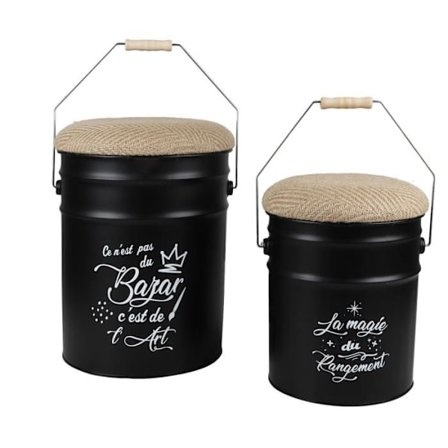 Sæt med 2 retro-dunkformede poufs i metal og jute "Loft & Metal" - Sort - H 40/31 cm