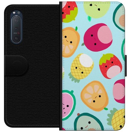 Yhteensopiva Lompakkokotelo Sony Xperia 5 II Kawaii-hedelmien kuvioita, kuten mansikkaa, sitruunaa, ananasta ja avokadoa vaaleansinisellä taustalla