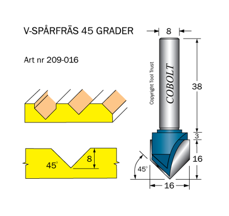 Cobolt 209-016 V-spårsfräs 45° D=16 L=8 TL=53 S=8, Maskintillbehör & förbrukning