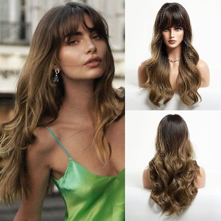 Mellombrunt parykk med lugg Lang mellombrune parykker for kvinner Sy