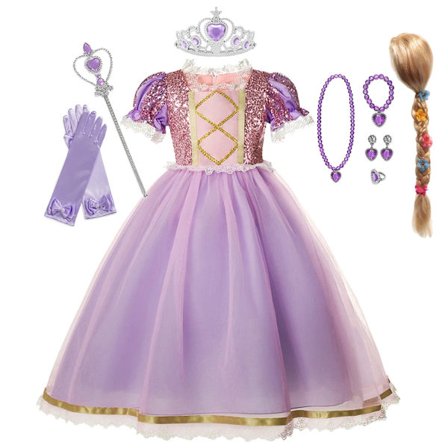 Rapunzelklänning för flickor, utklädningsklänning, fantasy, barnkalas, prinsessdräkt, barn, halloween, lila paljetter, meshkläder Rapunzel B Set04