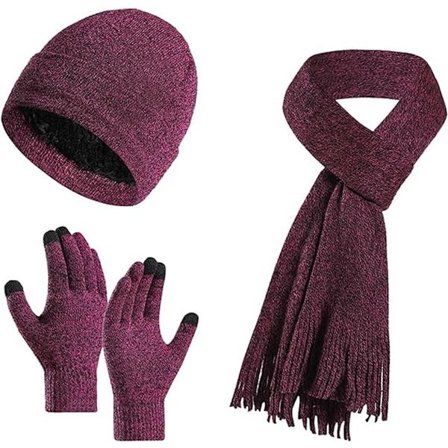 3-delt vintersæt med hue, halstørklæde og touchscreen-handsker - Strikket hue - Halsvarmer, halstørklæde - Fleece