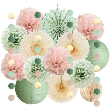 Salviegrønn og lyserød festdekorasjon, papirlanterner, salviegrønne og kremfargede papirvifter, lyse rosa silkepapir pom-poms