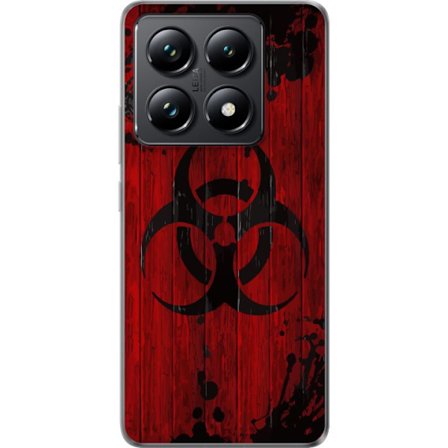 Kompatibelt Mobilskal till Xiaomi Xiaomi 14T Pro Röd bakgrund med svart biohazard-symbol i sliten målad stil, industriell känsla med stänk, repor