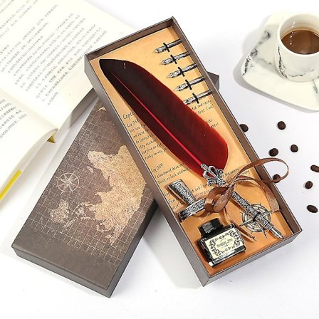 Fjerpen og blæksæt, antik fjer håndlavet kalligrafi begyndersæt til engelsk skrivning med pennebaser flaske uden blæk, Harry Potter Cosplay rekvisit