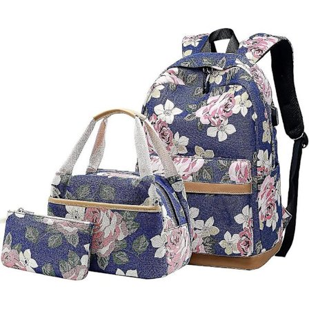 Rygsæk med blomsterprint, 3 i 1, skole rygsæk + frokostpose + penalhus BBO