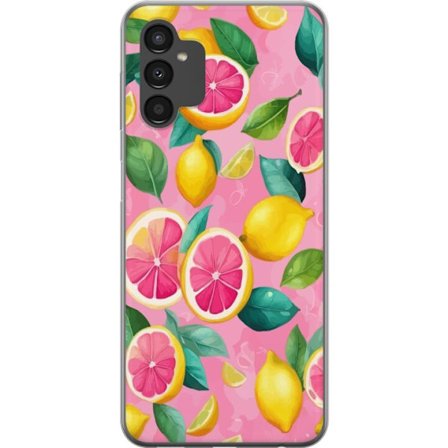Samsung Galaxy A04s Läpinäkyvä kuori Raikas vaaleanpunainen sitruskuvio sitruunoilla, greipillä ja vihreillä lehdillä pastellitaustalla, kesäin