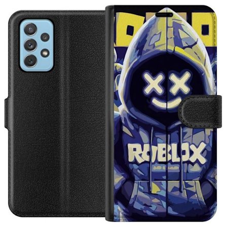 Kompatibelt Lommeboketui til Samsung Samsung Galaxy A52 5G Blågul Roblox hettegenserfigur med minimalistisk neonstil og masket ansikt, moderne spilli