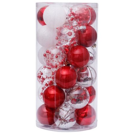 30 stk. serie julepynt til juletræet vedhæng ornamenter rød rund gennemsigtig plastik kugle kugler
