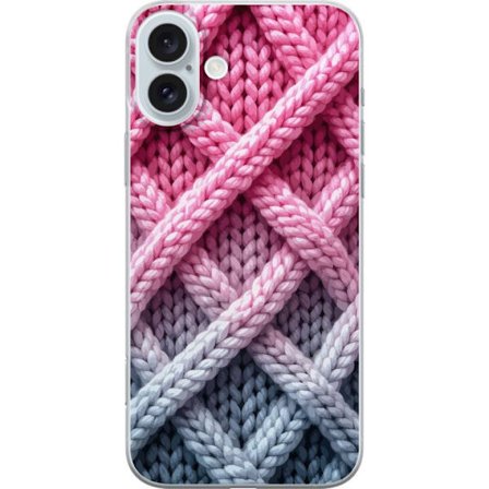 Kompatibel Mobilcover til Apple iPhone 16 Plus Nærbillede af vævet tekstilmønster i nuancer af lyserød, grå og hvid med taktil struktur