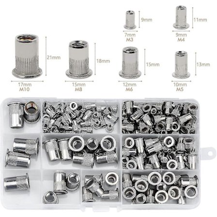 165 stk. rustfri stål nitte møtrik, møtrikværktøj fladt gevindhoved nitte