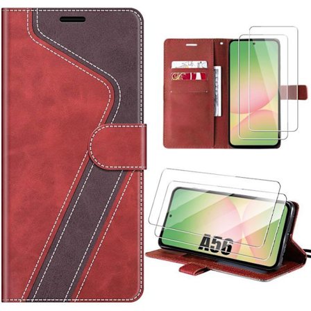 Cover + 2 Tempererede Glas til Samsung Galaxy A56 5G, Ridsefast Stødabsorberende Syntetisk Læder Rød Brun