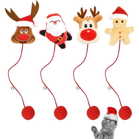 Julepynt til små katte - 4 stk. legetøj til hunde og katte - Kattelegetøjssæt til killinger med klokke, rød bold, julemand, rensdyr og honningkage