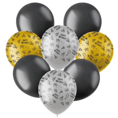 Latexballoner Happy Birthday Sort/Sølv/Guld 8-pak