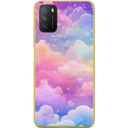 Kompatibelt Mobildeksel til Xiaomi Poco M3 Søt enhjørning med regnbuefarget hår mot en stjernebelagt pastellbakgrunn i kawaii-stil