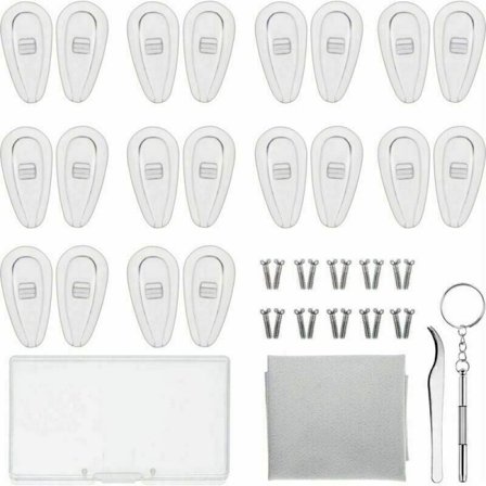 Silmälasien korjaussarja 10 paria silikoniset sieraimet nenätyynyt ruuveilla pinseteillä ja puhdistusliinalla (15 mm) -