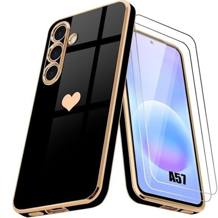 Silikone Cover - BOOLING - til Samsung Galaxy A57 5G - Slim Sort Hjerte Mønster - 2 Tempered Glas