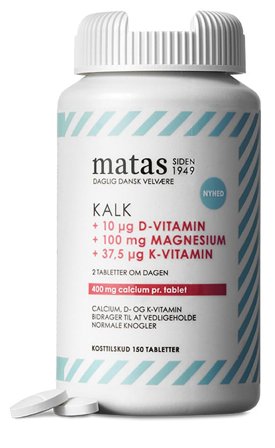 Matas Striber Kalk 400 mg + Magnesium 100 mg + D-vitamin 10 μg + K-vitamin 37,5 μg 150 tabl., Helse & Madvarer, Mineraler, Kalk