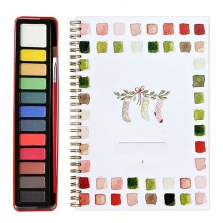 Akvarellityökirjat, aloittelijaystävällinen akvarellityökirja, 12 värin akvarellivärisetti siveltimellä, askartelu- ja maalaussarja lahja talvi